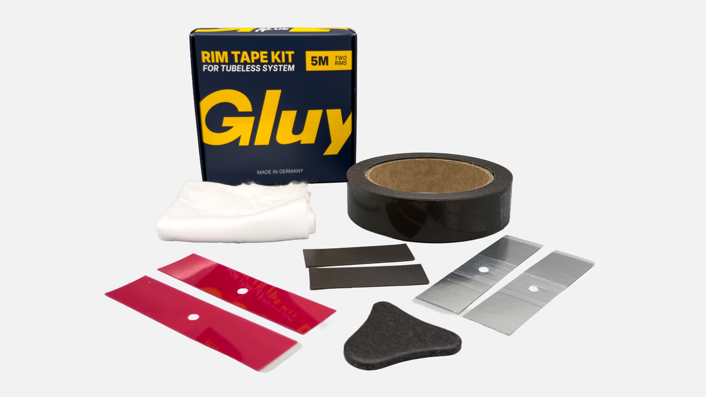 GLUY Ready Set mit Felgenband, Alu-Pads, End-Patches und Andrückwerkzeug
